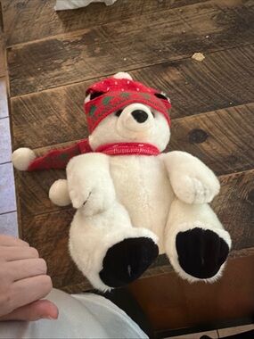 White Polar Bear Plush with Red Holiday Hat and Scarf